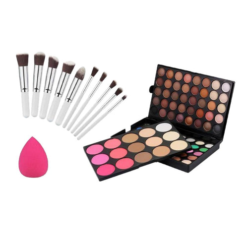 MagiDeal Favorable Gama de Colores Mate de Fundación Blusher Sombreador de Ojos Reflejo de Maquillaje + 10 Piezas Cepillos Cara Contorno de Labios Sombra de Ojos + Soplo de Polvo