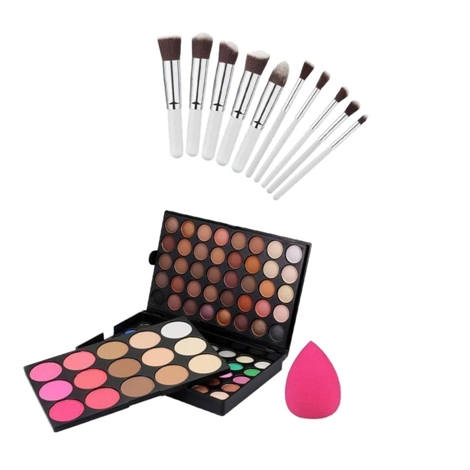 MagiDeal Favorable Gama de Colores Mate de Fundación Blusher Sombreador de Ojos Reflejo de Maquillaje + 10 Piezas Cepillos Cara Contorno de Labios Sombra de Ojos + Soplo de Polvo