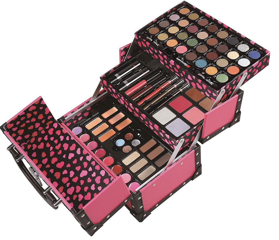 BR Carry All Trunk Train Case with Makeup and Reusable Case Makeup Gift Set (Pink)